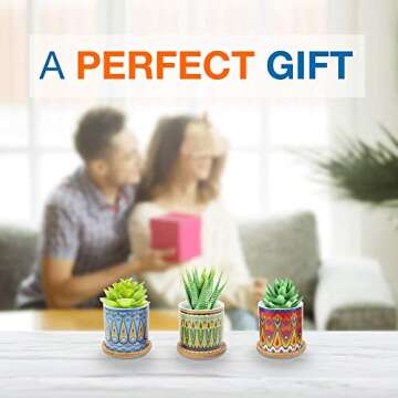 Juccini Ceramic Pots for Plants with Drainage Hole & Saucer ~ Indoor & Outdoor Succulent Planter Pots ~ Pattern Ceramic Cactus Pots for Home, Garden, Kitchen Decor ~ Pack of 3 (Cupid)