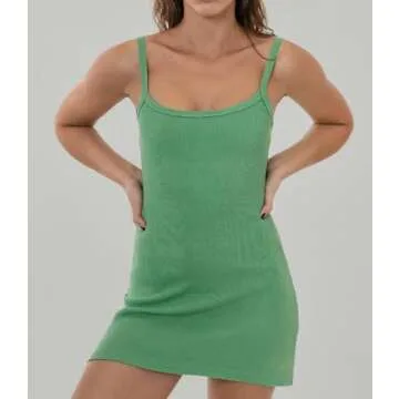 Ashen Fane Women's Sleeveless Heavy Rib Cotton Spaghetti Strap Casual Mini Dress, Spring Green, Medi...