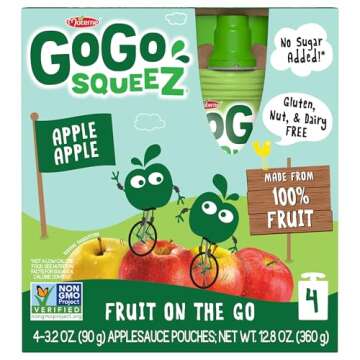 GoGo squeeZ Applesauce and Fruit Puree, Apple Apple, 3.2 oz (Pack of 4), Unsweetened Fruit Snacks for Kids, Gluten Free, Nut Free and Dairy Free, Recloseable Cap, BPA Free Pouches