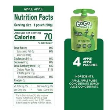 GoGo squeeZ Applesauce and Fruit Puree, Apple Apple, 3.2 oz (Pack of 4), Unsweetened Fruit Snacks for Kids, Gluten Free, Nut Free and Dairy Free, Recloseable Cap, BPA Free Pouches