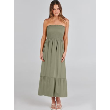 ANRABESS Women's Summer Strapless Smocked A-Line Fit Flare 2024 Fashion Boho Beach Party Long Maxi Dress with Pockets Olive-S