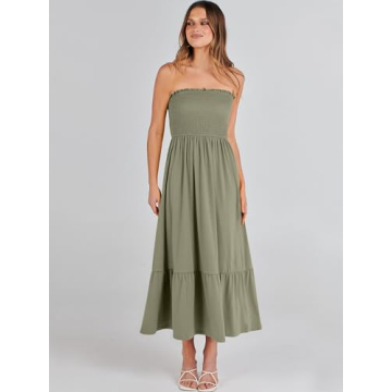 ANRABESS Women's Summer Strapless Smocked A-Line Fit Flare 2024 Fashion Boho Beach Party Long Maxi Dress with Pockets Olive-S