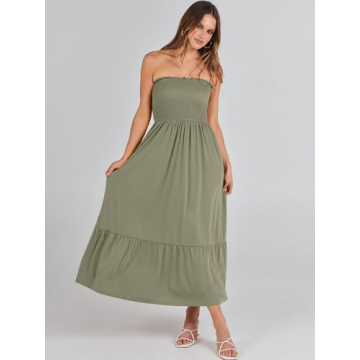 ANRABESS Women's Summer Strapless Smocked A-Line Fit Flare 2024 Fashion Boho Beach Party Long Maxi Dress with Pockets Olive-S