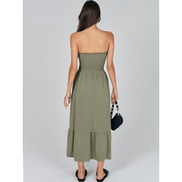 ANRABESS Women's Summer Strapless Smocked A-Line Fit Flare 2024 Fashion Boho Beach Party Long Maxi Dress with Pockets Olive-S