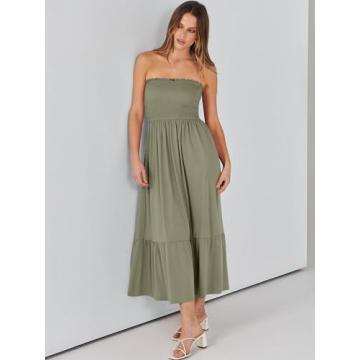 ANRABESS Women's Summer Strapless Smocked A-Line Fit Flare 2024 Fashion Boho Beach Party Long Maxi Dress with Pockets Olive-S