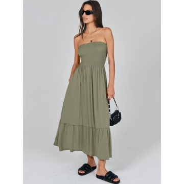 ANRABESS Women's Summer Strapless Smocked A-Line Fit Flare 2024 Fashion Boho Beach Party Long Maxi Dress with Pockets Olive-S