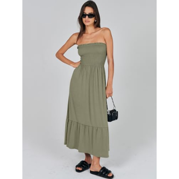 ANRABESS Women's Summer Strapless Smocked A-Line Fit Flare 2024 Fashion Boho Beach Party Long Maxi Dress with Pockets Olive-S