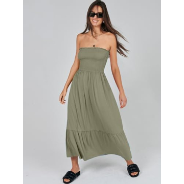 ANRABESS Women's Summer Strapless Smocked A-Line Fit Flare 2024 Fashion Boho Beach Party Long Maxi Dress with Pockets Olive-S