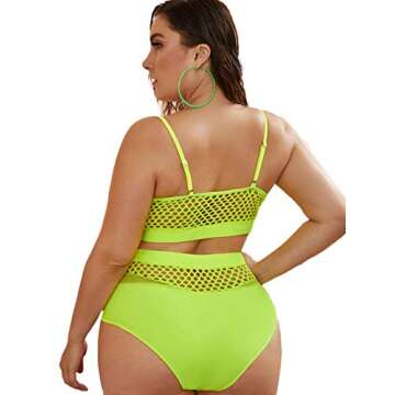 Floerns Women's Plus Size Bathing Suit Fishnet High Waist Bikini Set Rave Outfit A Neon Green 0XL