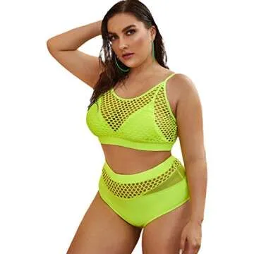 Stylish Plus Size High Waist Bikini Set - Neon Green