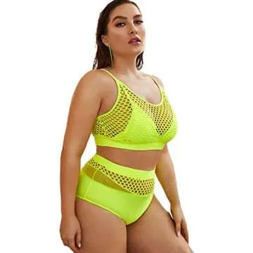 Stylish Plus Size High Waist Bikini Set - Neon Green
