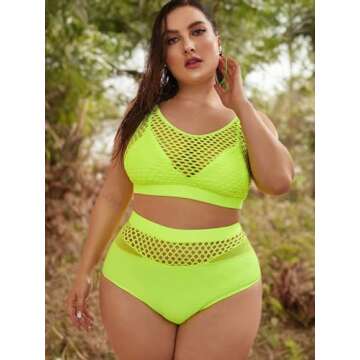 Stylish Plus Size High Waist Bikini Set - Neon Green