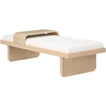 Meridian Furniture 22013Cream Arlington Collection Mid-Century Modern Bench with Soft Cream Chenille Fabric, Rich Natural Finish, Solid Wood, Sliding Wooden Tray, 65" W x 26" D x 19.5" H, Cream