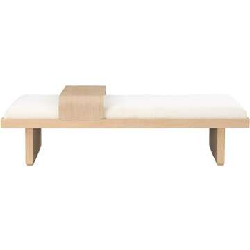 Meridian Furniture 22013Cream Arlington Collection Mid-Century Modern Bench with Soft Cream Chenille Fabric, Rich Natural Finish, Solid Wood, Sliding Wooden Tray, 65" W x 26" D x 19.5" H, Cream