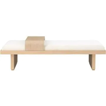 Meridian Furniture 22013Cream Arlington Collection Mid-Century Modern Bench with Soft Cream Chenille Fabric, Rich Natural Finish, Solid Wood, Sliding Wooden Tray, 65" W x 26" D x 19.5" H, Cream