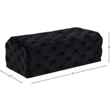 Meridian Furniture Casey Collection Modern | Contemporary Velvet Upholstered Ottoman/Bench with Deep Button Tufting and a Solid Wood Frame, 52" W x 22.5" D x 18" H, Black