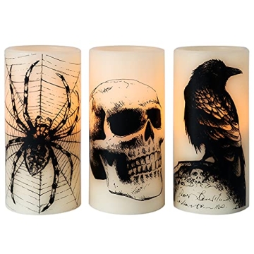 Eldnacele Halloween Flickering Candles with Skull, Spider Web, Crow Raven Decals Set of 3, Battery O...