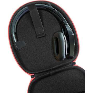 Headset Case for VXi BlueParrott B450-XT, B450-XT -204010-C, B350-XT, B250-XTS, C400-XT, Mesh pocket for cable, amplifier and other accessories, detachable wrist strap for easy carry, Black + red zip