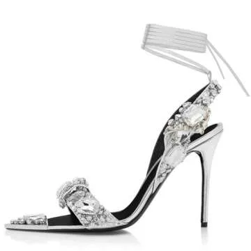 Fuazuzu Glitter Square Big Diamond Stiletto Heeled Sandals for Women,Women's Sparkly Big Rhinestone Pointed Open Toe Heels Sandals Lace Up Strappy Backless Pumps Sexy Summer Wedding Party Prom Dress Shoes