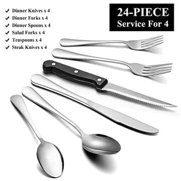 Wildone 24-Piece Flatware Set with Steak Knives, Stainless Steel Silverware Cutlery Set Service for ...