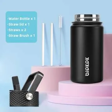 BJPKPK Water Bottle with Straw Lid, 15 oz Insulated Water Bottle, Stainless Steel Metal Water Bottles, Reusable Leak Proof BPA Free Thermos, Flask, Cups, Macaron-Black
