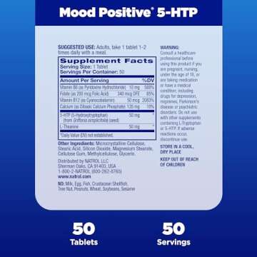 Natrol Mood Positive 5-HTP 50mg With L-Theanine, Vitamin B6, Vitamin B12 and Folate, Dietary Supplement Helps Support a Positive Mood, 50 Tablets, 25-50 Day Supply