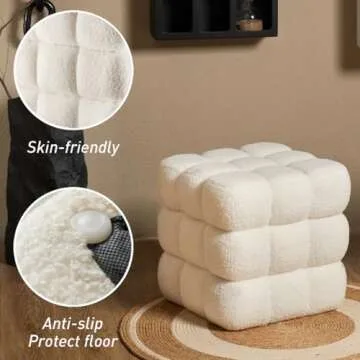 ALPOME Teddy Fleece Square Ottoman Modern Ottoman Sofa Stool Fuzzy Sherpa Footstool Foot Rest for Couch Cube Ottoman Boucle Vanity Stool for Living Room