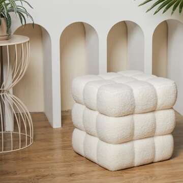 ALPOME Teddy Fleece Square Ottoman Modern Ottoman Sofa Stool Fuzzy Sherpa Footstool Foot Rest for Couch Cube Ottoman Boucle Vanity Stool for Living Room