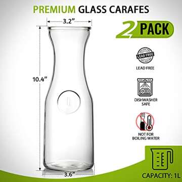 Set of 2 Glass Carafe with Lids, 1 Liter Water Pitcher Carafe for Mimosa Bar, Brunch, Cold Water, Beverage, Wine, Iced Tea, Lemonade - 2 Wooden Chalkboard Tags Included