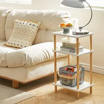 IBUYKE 3-Tier Side Table, Solid Wood Tall End Table with Storage Shelves, Nightstand Bedside Table f...