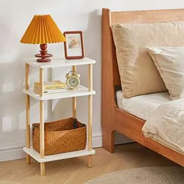 IBUYKE 3-Tier Side Table, Solid Wood Tall End Table with Storage Shelves, Nightstand Bedside Table for Living Room Bedroom Office, No-Tool Assembly, White UWST003W