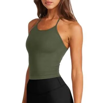 LASLULU Women’s Sports Bra Halter Neck Casual Crop Top - Seamless Longline Athletic Bra (Army Gree...