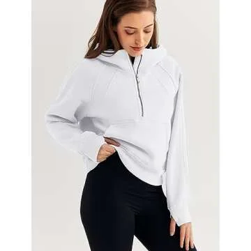 WYNNQUE Womens Hoodies Oversized Sweatshirts Half Quarter Zip Pullover Cropped Long Sleeve Fall Outfits Fashion Clothes White M
