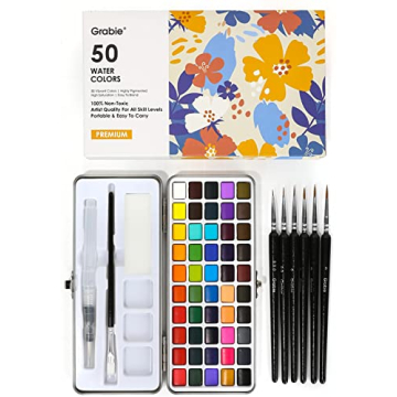 Grabie Watercolor Paint Set, Great for Painting, 50 Colors, Detail Paint Brush Included, Art Supplie...