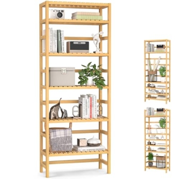 Homykic 6-Tier Bamboo Bookshelves and Bookcases, Adjustable 63.4”Tall Shallow Book Shelf Organizer...