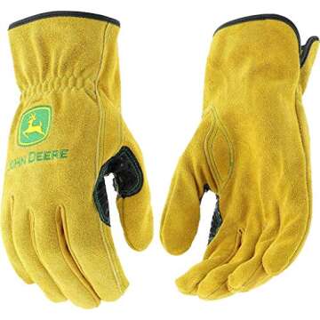 John Deere JD00004 Leather Gloves - X Large Size Split Cowhide Work Gloves with Shirred Elastic Wris...