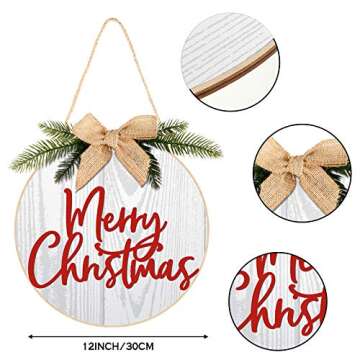 Christmas Sign Merry Christmas Decorations Wreath Hanging Sign Rustic Burlap Wooden Holiday Decor for Christmas Home Window Wall Farmhouse Indoor Outdoor(White)