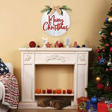 Christmas Sign Merry Christmas Decorations Wreath Hanging Sign Rustic Burlap Wooden Holiday Decor for Christmas Home Window Wall Farmhouse Indoor Outdoor(White)