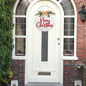 Christmas Sign Merry Christmas Decorations Wreath Hanging Sign Rustic Burlap Wooden Holiday Decor for Christmas Home Window Wall Farmhouse Indoor Outdoor(White)
