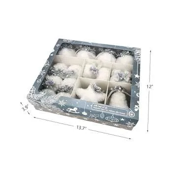 Nature Vibe Set of 18 Faux Fur White Christmas Ornaments in Gift Box,Christmas Balls and Hanging Sta...
