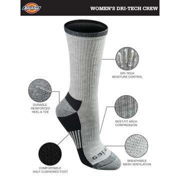 Dickies Women's Dri-Tech Essential Moisture Control Crew Socks, S-XL Assorted Colors (6 Pairs)