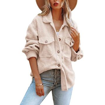 Nirovien Womens Oversized Fleece Jakcets Button Down Sherpa Shacket Fuzzy Coats Casual Warm Teddy Outwear with Pockets(Beige,M)