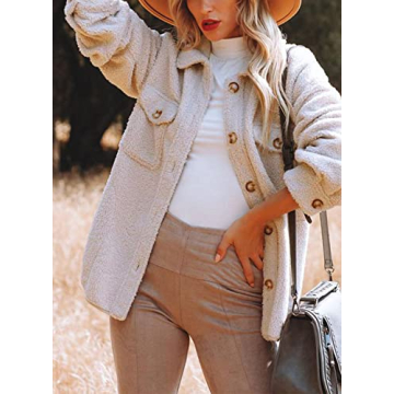 Nirovien Womens Oversized Fleece Jakcets Button Down Sherpa Shacket Fuzzy Coats Casual Warm Teddy Outwear with Pockets(Beige,M)