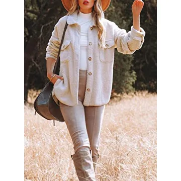 Nirovien Womens Oversized Fleece Jakcets Button Down Sherpa Shacket Fuzzy Coats Casual Warm Teddy Outwear with Pockets(Beige,M)