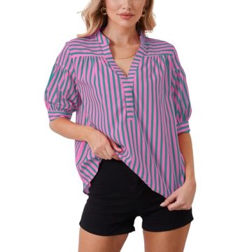 MSBESYOR Women's Puff Sleeve Striped Blouse V Neck for Office Casual