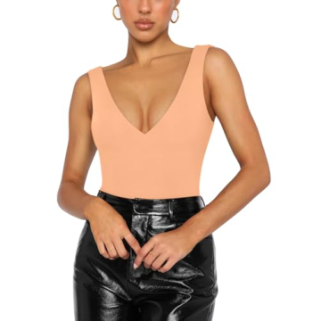 REORIA Women's Deep V Neck Bodysuit - Chic & Versatile Fit