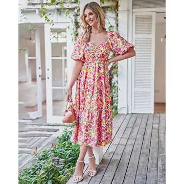 BTFBM Women Summer Dresses 2025 Casual Flowy Beach Square Neck Puff Short Sleeve Smocked Back Boho Floral Long Maxi Dress(Floral White Red, Large)
