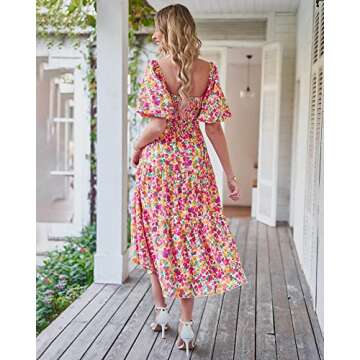 BTFBM Women Summer Dresses 2025 Casual Flowy Beach Square Neck Puff Short Sleeve Smocked Back Boho Floral Long Maxi Dress(Floral White Red, Large)