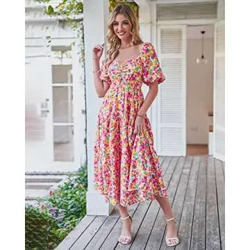 BTFBM Women Summer Dresses 2025 Casual Flowy Beach Square Neck Puff Short Sleeve Smocked Back Boho Floral Long Maxi Dress(Floral White Red, Large)