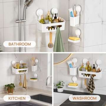 LEVERLOC Shower Caddy Suction Cup Set Shower Organizer & Soap Holder & Toothbrush Holder, Bathroom Shelf Basket NO-Drilling, Removable Suction Storage Waterproof Bathroom Caddy, White